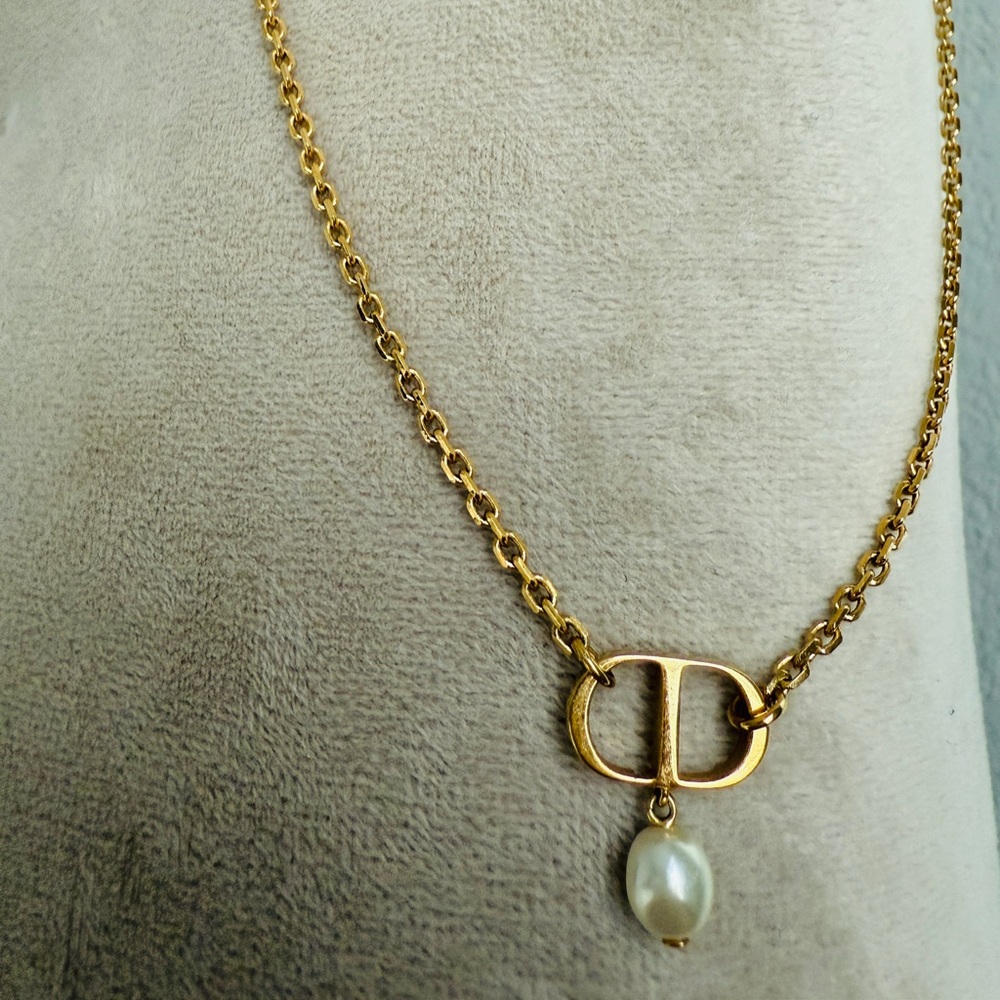Dior Gold Necklace with Pearl Accent (Petit CD Necklace) - Picture 2 of 9